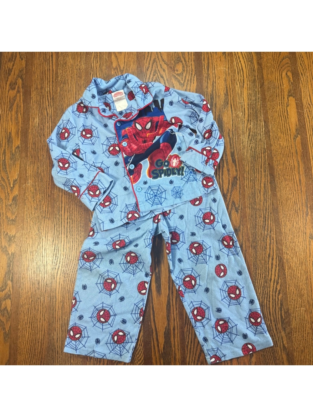Marvel Spider-Man Boys Pajamas Set Size 4T Blue Fleece Button Up Coat Pant PJs